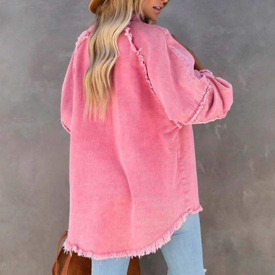 Женская джинсовая куртка с отложным воротником и пуговицами на подоле с бахромой, большой карман, однотонный, свободный, негабаритный, женское пальто средней длины, уличная одежда