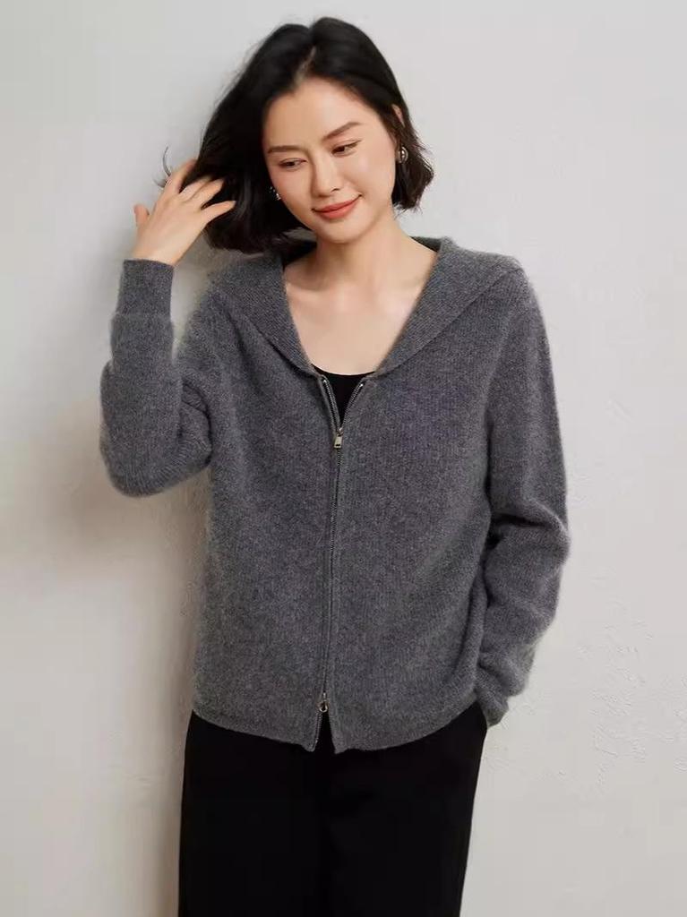 Women's Slim-Fit Wool Hooded Cardigan: Zippered, Long-Sleeve, Tight Cashmere Knitwear for Autumn & Winter