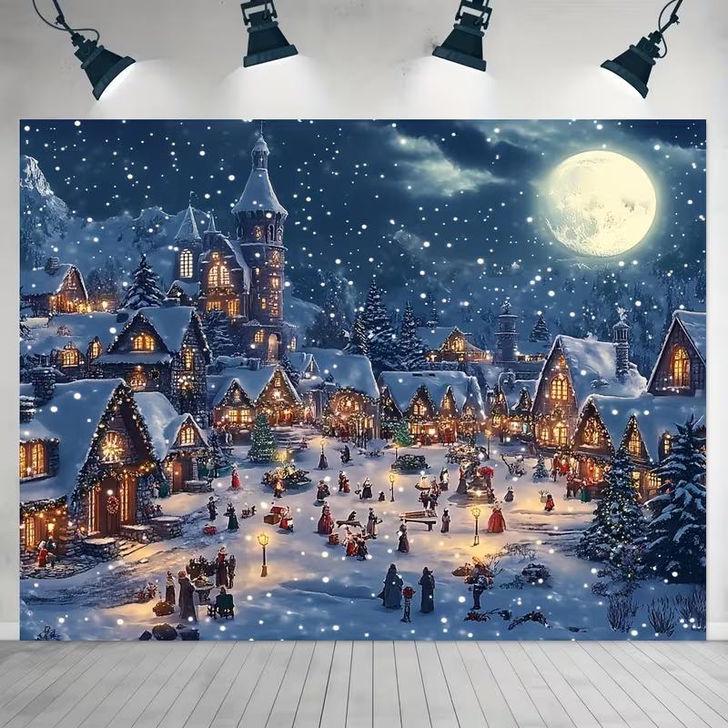 2D Winter Snow Village Full Moon Backdrop Christmas Holiday Photo Background Cloth