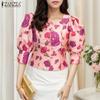Women Casual Square Neck Summer 3/4 Sleeve Floral Blouse