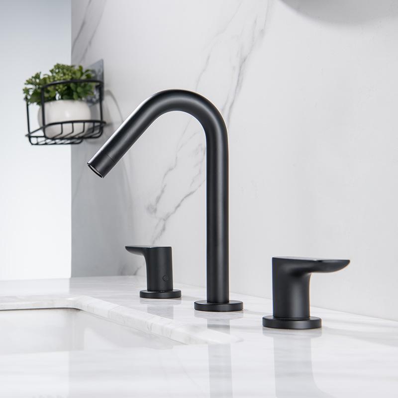 Double Handle Three Hole Bathroom Basin Faucet Black 304 Stainless Steel Hot And Cold Mixed Washbasin Faucet Black Basin Tap