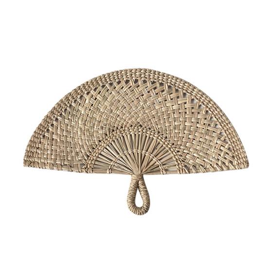 Handmade Straw Weaving Fan Natural Sea Grass Raffia Hand Fan Semicircular Woven Palm Leaf Handheld Fan Summer Cooling Fan Wedding Party Decoration