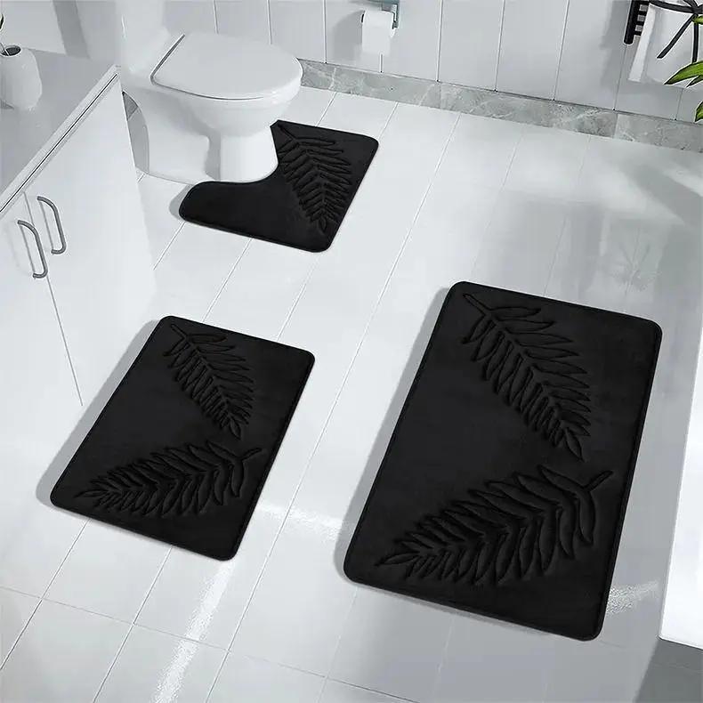 Green Palm Leaf Embossed Bath Mat, Non-slip Absorbent Bathroom Floor Mat, Washable Soft Rug for Shower Room Home Decor