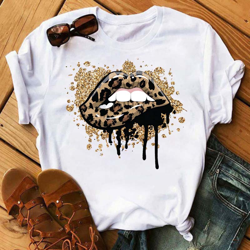 New Unisex Pink Lips Leopard Graphic T Shirt Casual Fahion Oneck Sexy Black Tees Kiss Lip Funny Girls Tshirtdrop Shipping