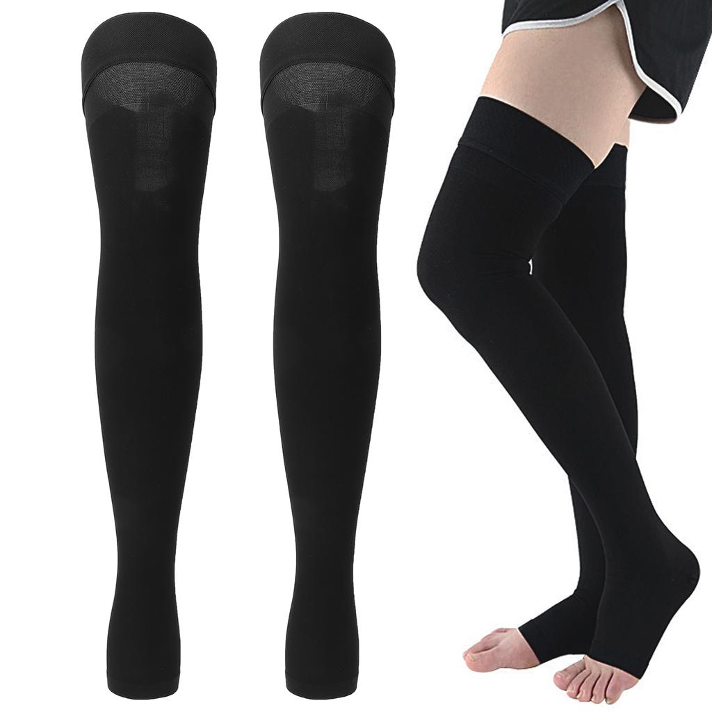 Open Toe Compression Thin Stockings Versatile Thigh High Mercerization Socks Black