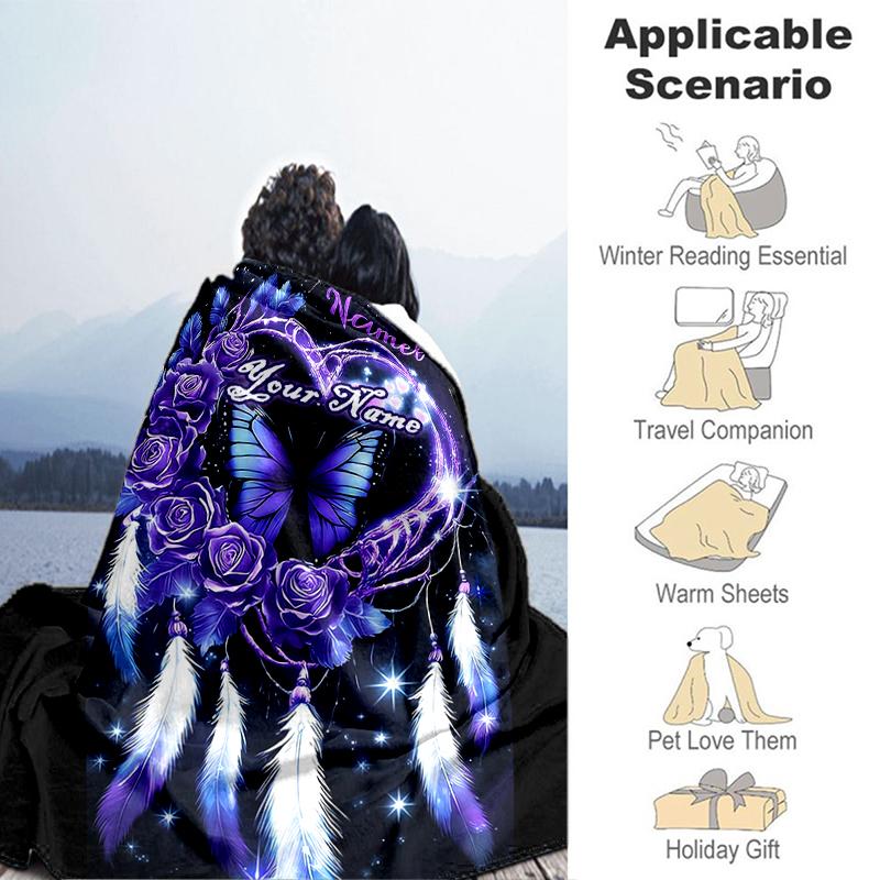 1PC Custom Name Purple Heart Dreamcatcher flannel blanket versatile,all-season throw suitable for the living room,bedroom,camping,travel,and gift