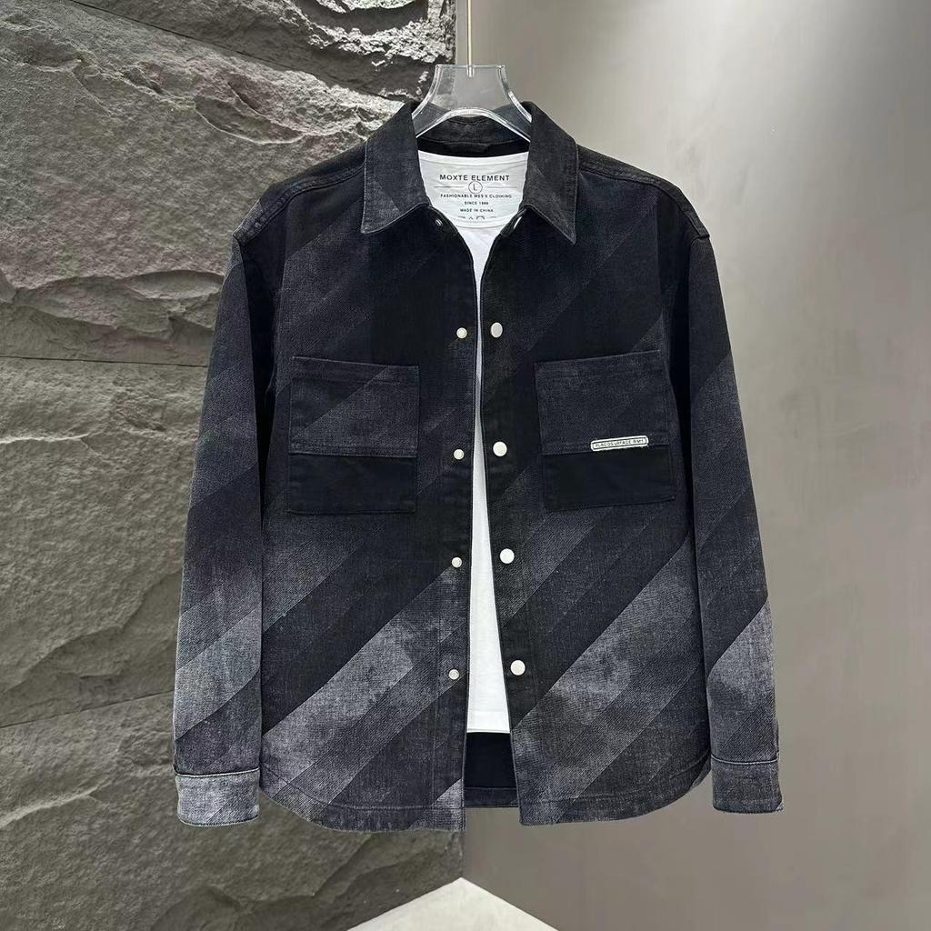 Та же мода Senger Мужская осенняя новая джинсовая куртка с лацканами Индивидуальность Темный цветок Градиент цвета Корейская версия Прилив