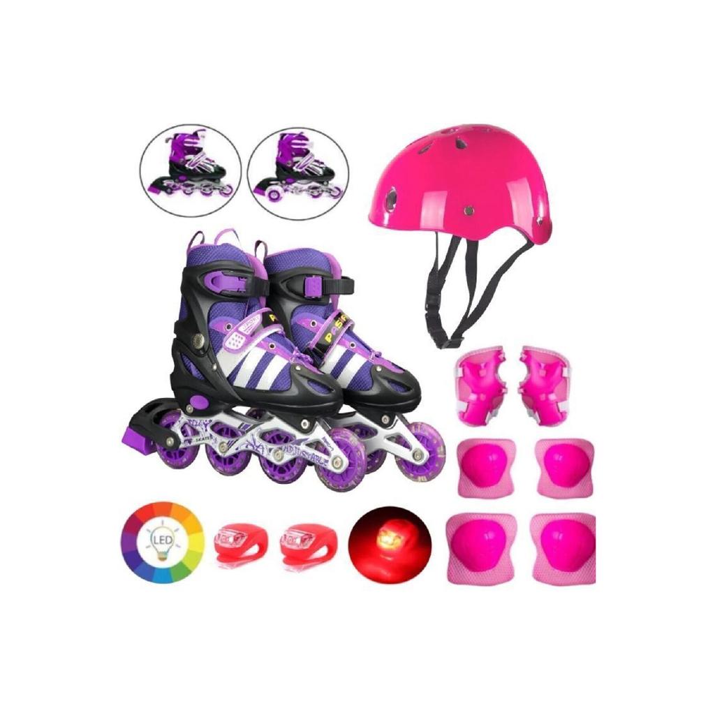 Purple Luminous Wheel Adjustable Children's Exercise Skating 2 Function Flashing Helmet Knee Pad Set