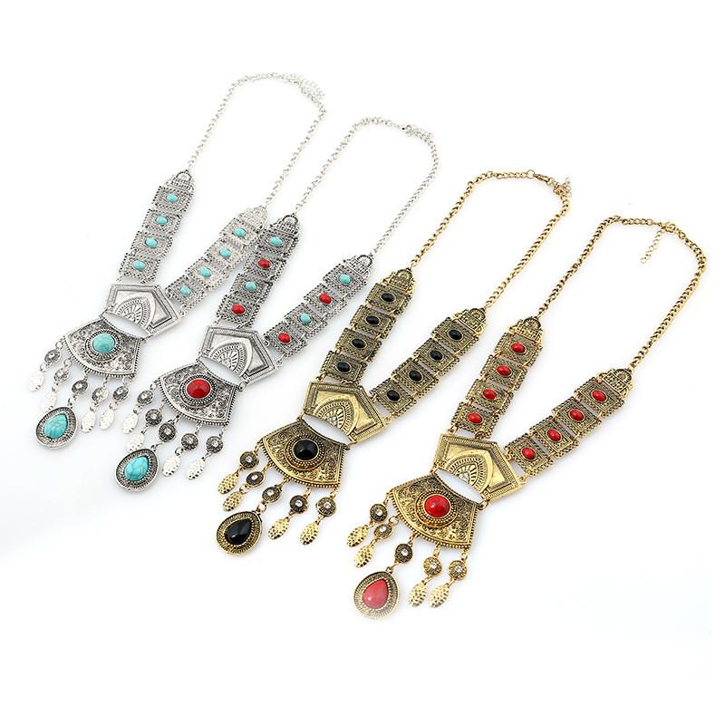Ethnic Style Simulation Gemstone Decoration Women Metal Necklace Tassel With
