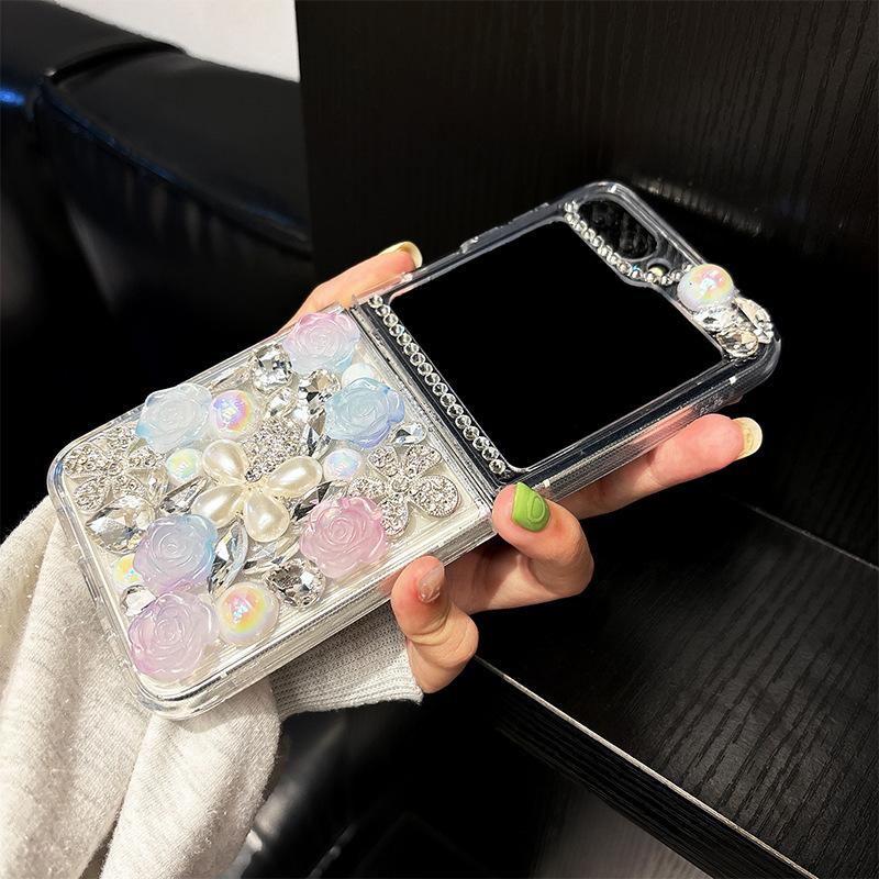 Чехол для мобильного телефона Samsung Zflip6 Flip Zflip4 Складной экран Fold5 со стразами, жемчугом и цветами, Роскошный