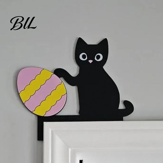 Unique Door Frame Decoration Wooden Cartoon Cat Pendant, Cute Black Corner Funny Topper Decoration, Decorative Wall Sticker for Photo Frames