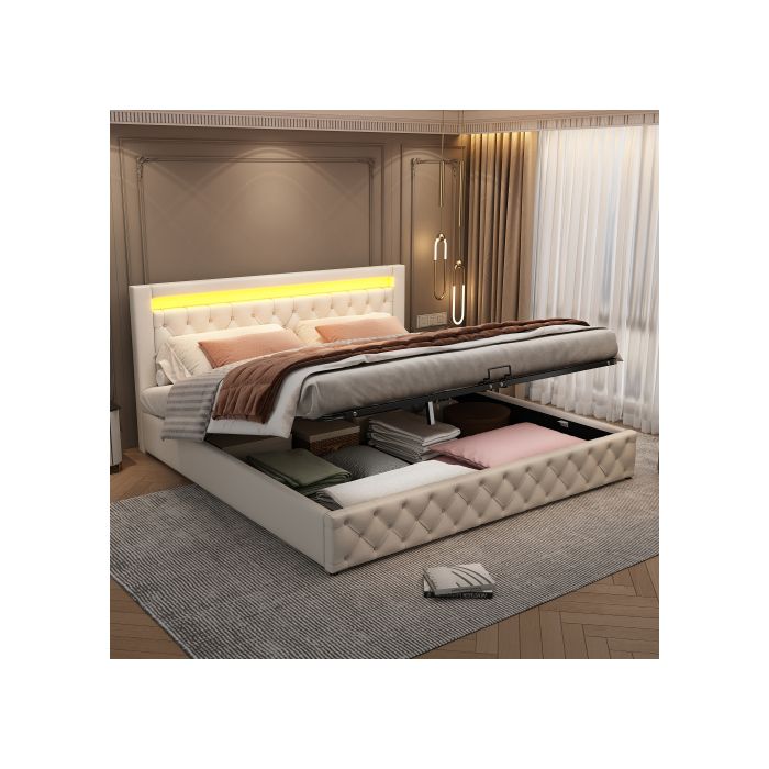 Lit - MUVOE - 180 x 200 cm - Rembourré - Espace de rangement - Éclairage LED