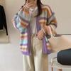 Lazy Style Rainbow Striped Knitted Sweater Women's Cardigan Autumn Korean New Loose Contrasting Sweater Jacket