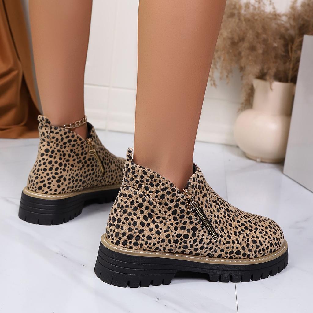 Leopard Print Plus Size Booties Women's Winter 2025 New Round Toe Side Zipper British Style Martin Boots