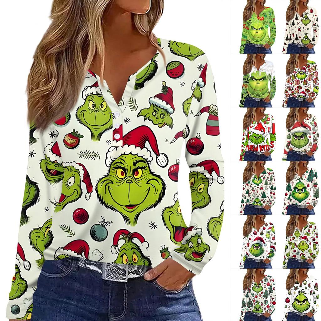 Women's T Shirt Tee Christmas Print Button Long Sleeve Daily Weekend Fashion Basic V- Neck Regular Top