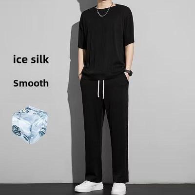 Летний спортивный костюм для мужчин Ice Silk 2023 года: Быстросохнущая рубашка с коротким рукавом и брюки
