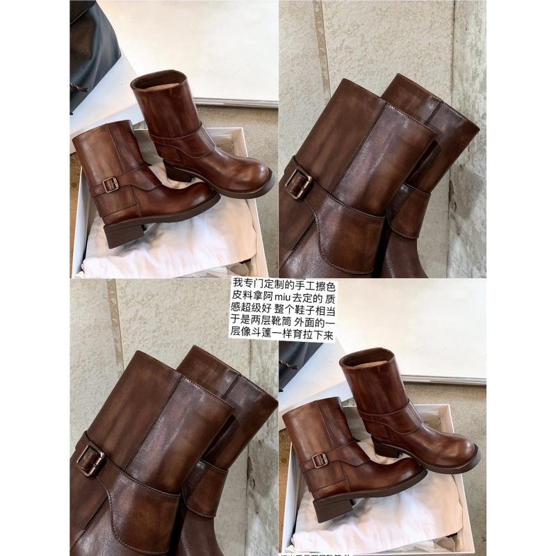 Cowhide Version~ Grape Mother Same Retro and Old Thick Heel Straight Martin Boots Female Western Cowboy Boots Knight Boots