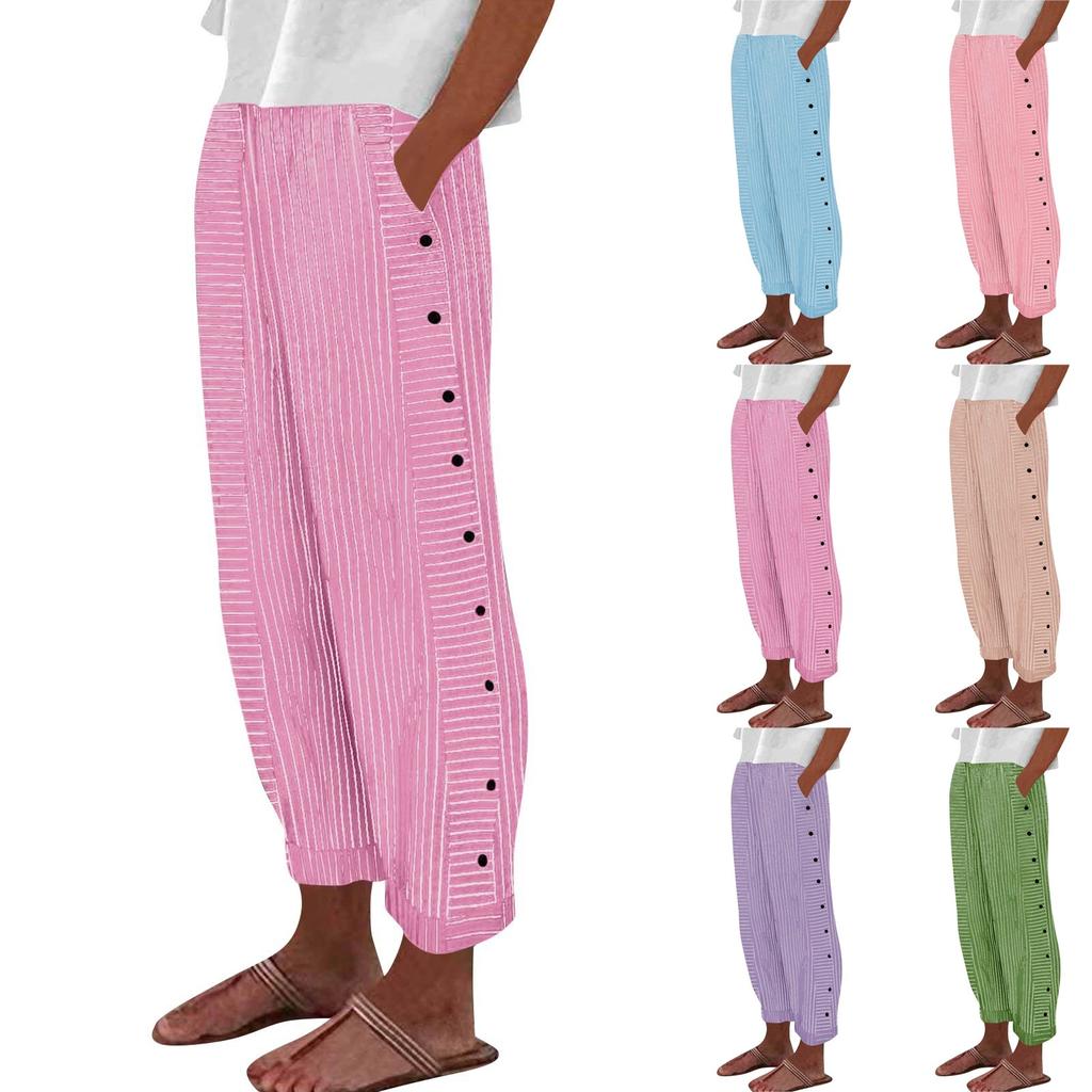 Women Casual  Stripe Print Side Button Up Trendy Pants Baggy Elastic Waist Straight Leg Comfort Trousers With Pocket