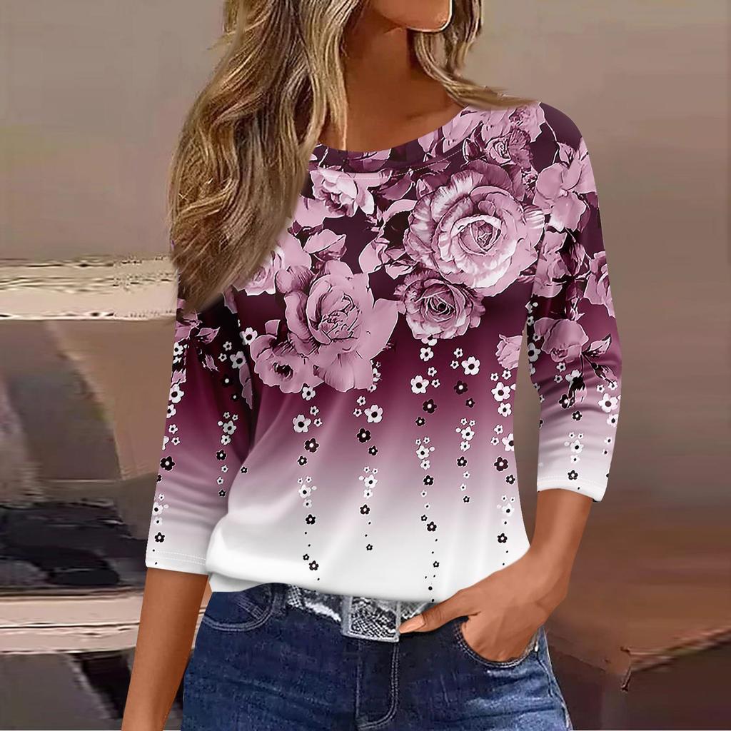 Women's Fashion Casual Round Neck 3/4 Sleeve Loose Printed T-Shirt Ladies Top