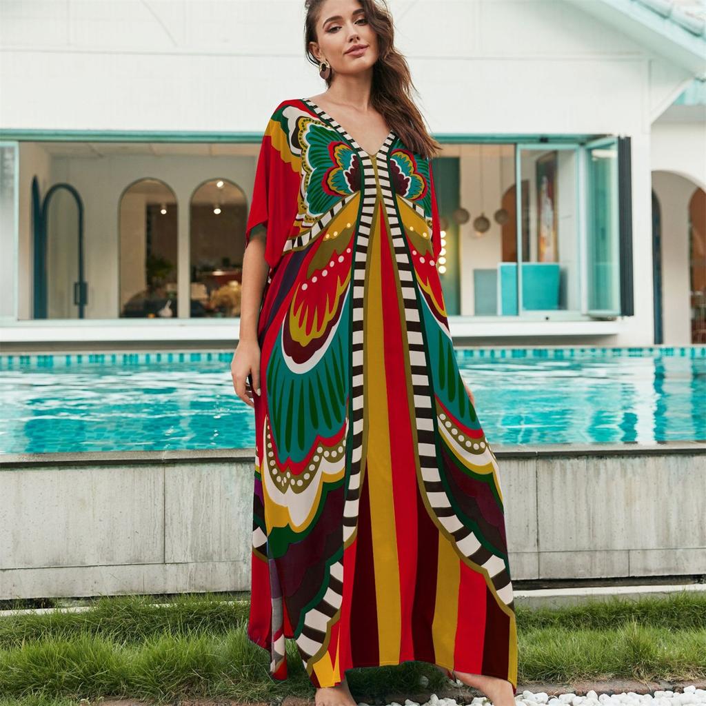 YYFS Women's Fashion Vacation Summer Spring Butterfly Print 1/2 Sleeves V-Neck Casual Dresses