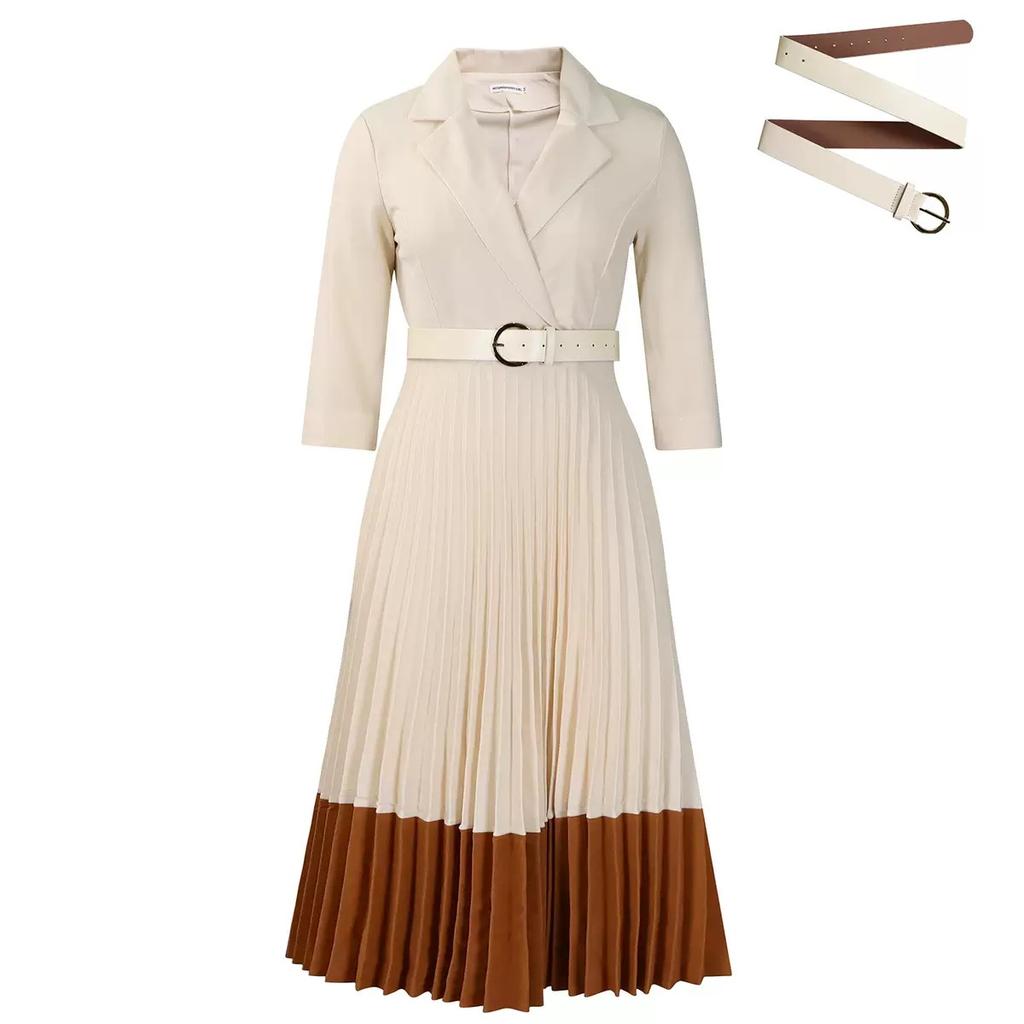 LYRIA Fashion Full Sleeve Notched Neck Solid High Waist Belt Dress Women Autumn Office Lady Pleated Long Africa Midi Dresses 5XL