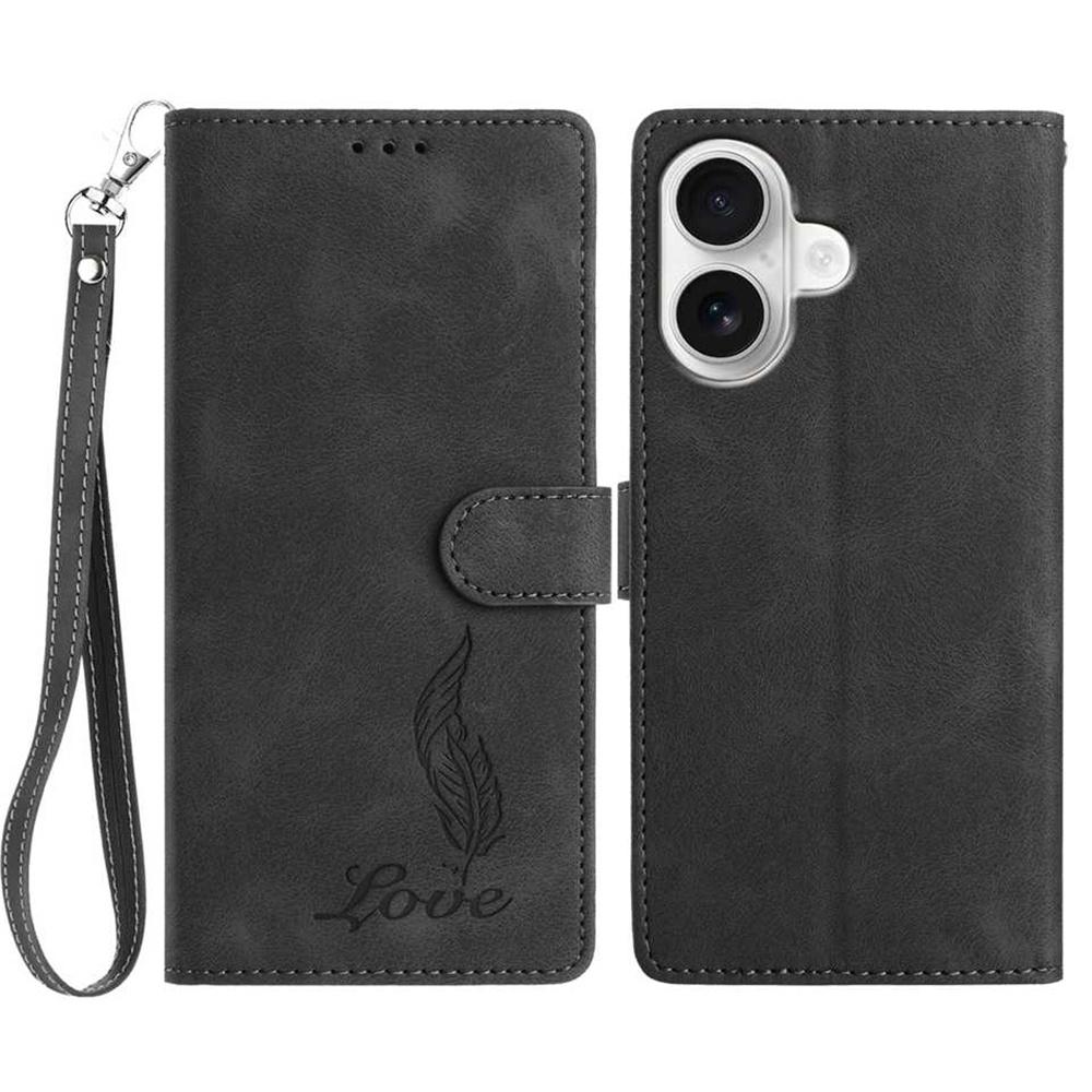 For iPhone 16 Case Imprinted Feather PU Leather Wallet Phone Cover with Wrist Strap