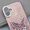 For iPhone 16 Case Butterfly Kickstand PC+TPU IMD Phone Cover with Lens Film / Beaded Strap - Feather Pattern / Pink