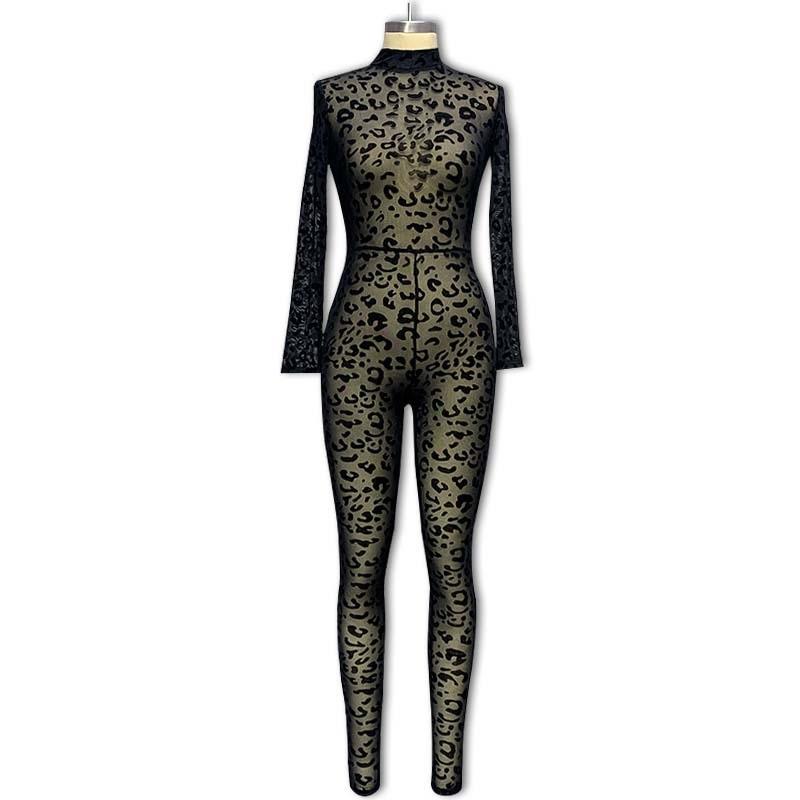 Tooxika New Women's Jumpsuit Slim Fit Long Sleeve Sexy Flocking See-through Slimming Jumpsuit