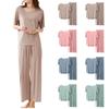 Women's Casual Pajamas Set Solid Color Short Sleeve Up Nine Pants Two Pieces