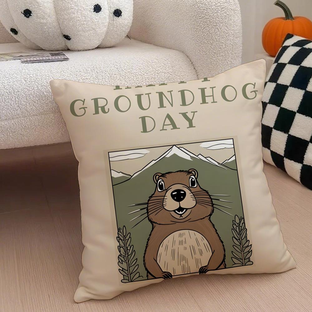 Happy Groundhog Day PPunxsutawney Phil Cushion Cover Throw Pillow Cover Hidden Button Durable Polyester Chair Cushion
