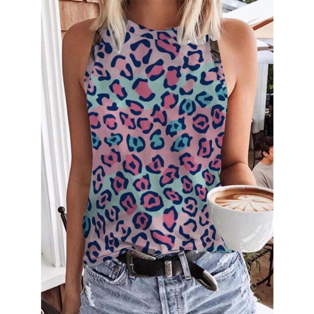 Летние топы с леопардовым принтом и пайетками, 3D-принт, женская мода, уличная одежда, свободный жилет с круглым вырезом, без рукавов, женская майка