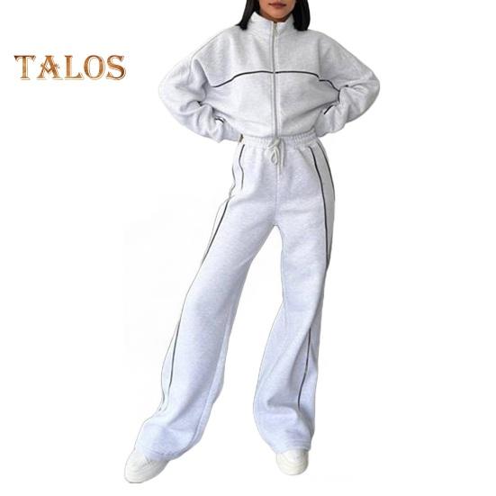 Женский комплект из 2 предметов: пальто и брюки, полувысокий воротник, застежка-молния, длинный рукав, эластичный пояс, широкие брюки, карманы, зимний повседневный спортивный костюм