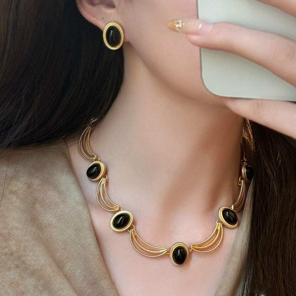 Gifts Oval Earrings Black Gold Bridal Jewelry Sets Fashion Vintage Necklace  Bride