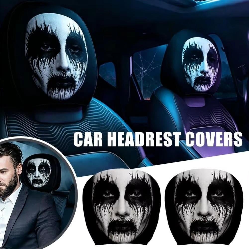2Pcs Black Car Headrest Cover Scary Face Printing Car Headrest Protector Car Seat Cover  Halloween