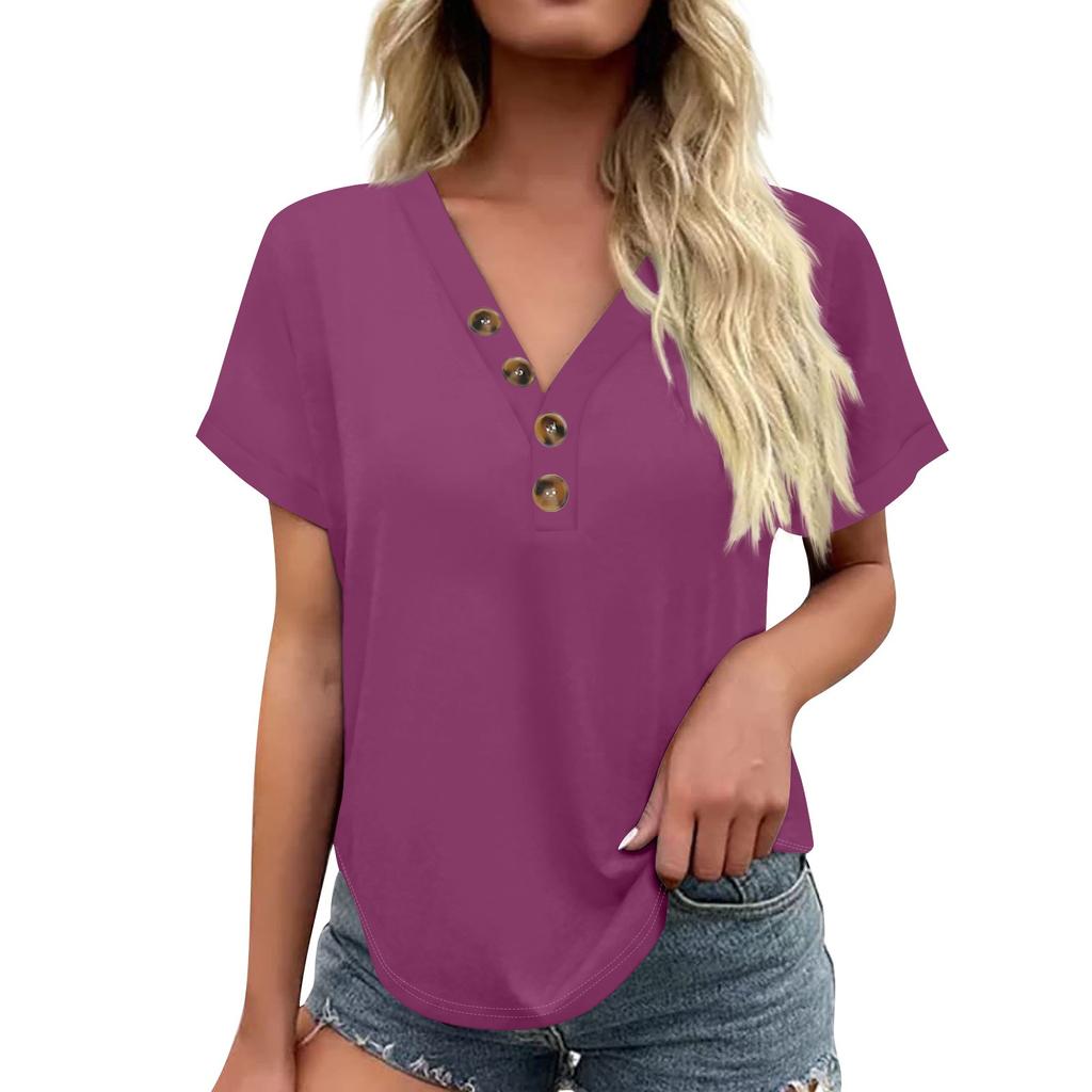 Women's Fashionable Casual Short Sleeved Solid Color V-neck Button Top