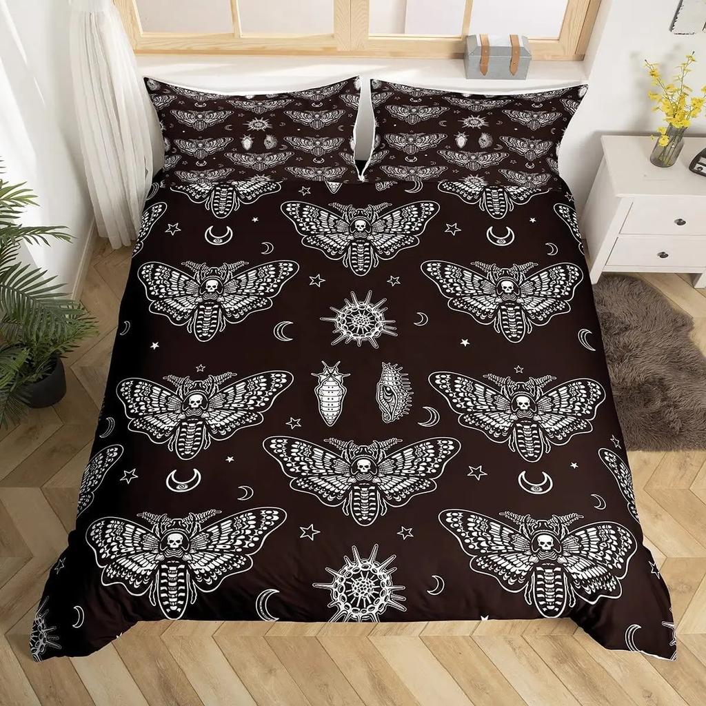 Death Moth Duvet Cover Set King Queen Full Twin Size Galaxy Sun and Moon Polyester Comforter Cover Boho Gothic Skull Bedding Set