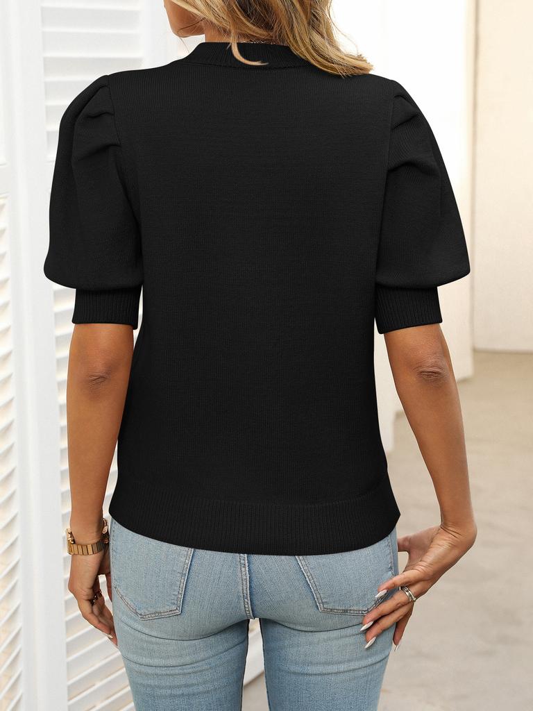 Women's Casual Short Sleeve Puff Sleeve Knit Sweater, Minimalist Round Neck Solid Color Top, Lightweight Summer Pullover, Relaxed Fit T-Shirt Style