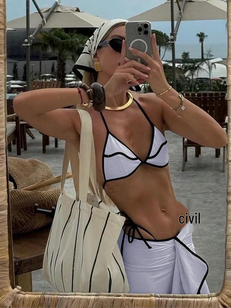 Комплект бикини из трех предметов 2025 европейский и американский: Сексуальный длинный купальник-накидка с принтом для женщин