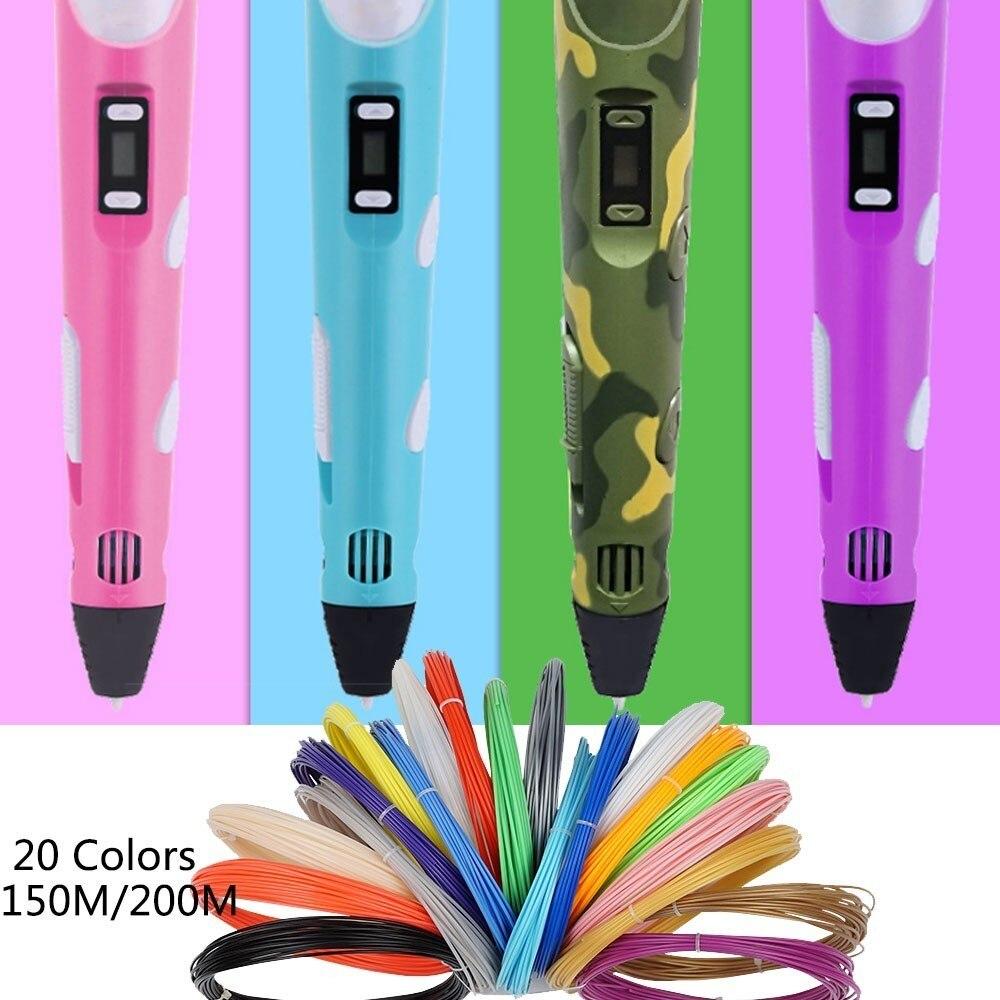 USB 3D-ручка для принтера, 3D-ручки для рисования с 20 цветами PLA-нити, ЖК-дисплей, 3D-ручки, детский подарок на день рождения/Рождество, игрушки для рисования своими руками