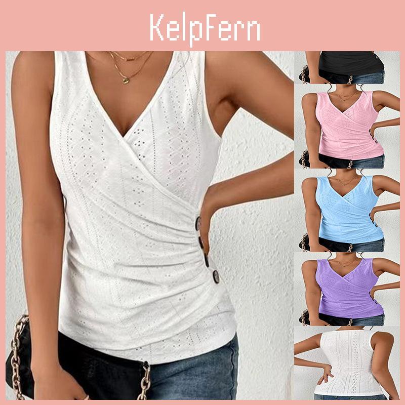 Sleeveless Summer Neck V Women Pullover Solid Color Hollow Out Breathable Button Pleated Vest Top