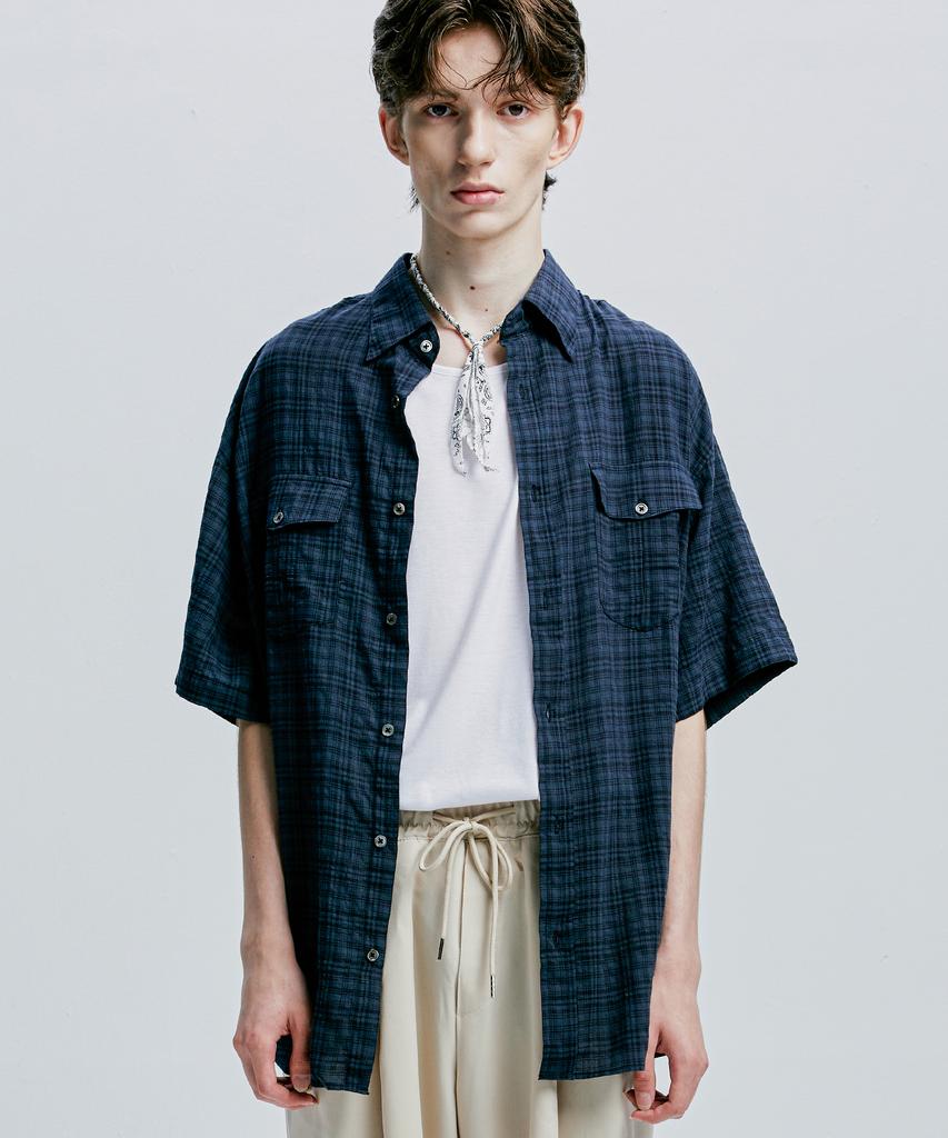 SSY Washed Check Linen 2-Pocket Loose Fit Half Shirt Navy