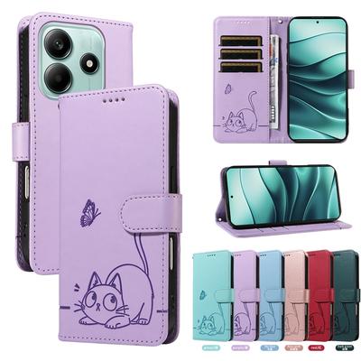 Магнитный кожаный чехол-кошелек с откидной крышкой для Xiaomi Redmi Note 8 8T 9 10 11 12 13 14 Pro 4G 5G | Тисненый дизайн с изображением кошек и бабочек