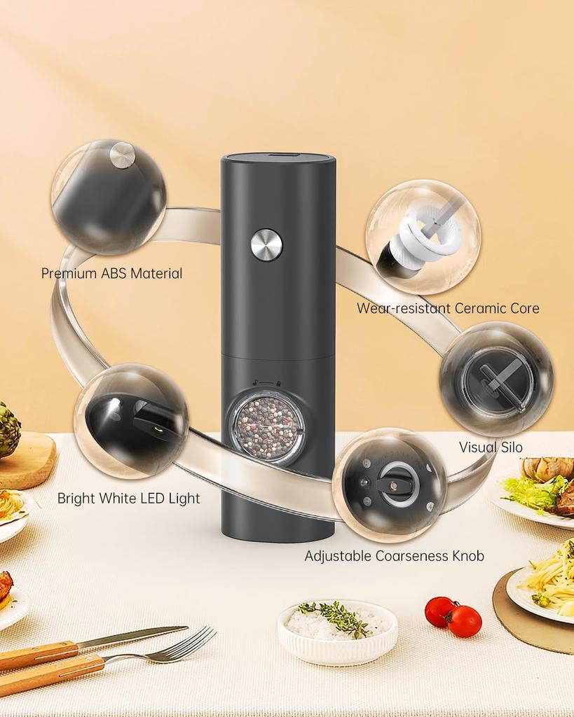 CIRCLE JOY Electric Pepper Grinder Battery Operated Pepper 70ml Washable Storage White LED Adjustable Easy Black and White Set, Mill, Container, Base,