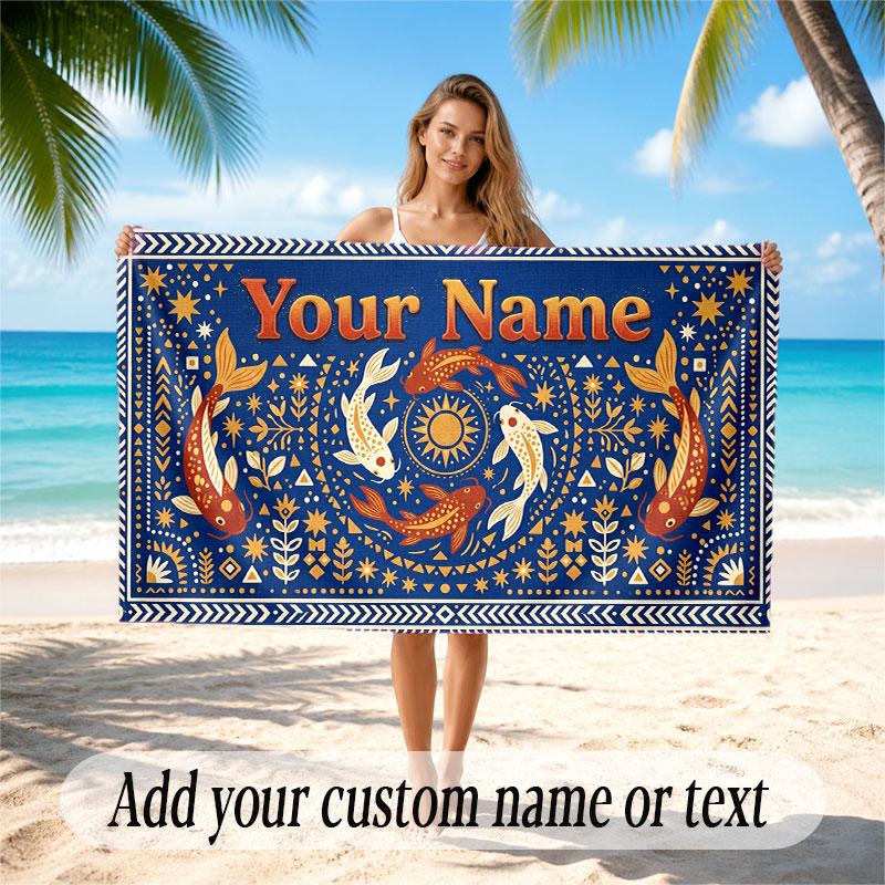 Fish Ocean Theme Beach Towel Personalized Custom Name & Text Soft Quick Dry Beach Towel for Swimming Travel