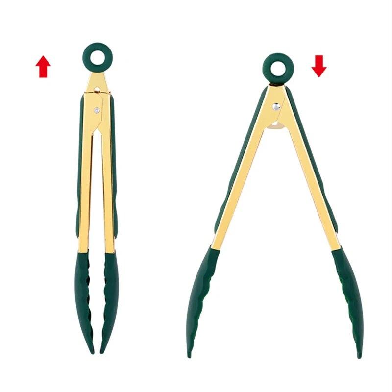 9/12 дюймов, зеленое золото, силиконовые щипцы для еды, нержавеющая сталь, гриль для барбекю, зажим для стейка, кухонный зажим для сервировки салата, хлеба, посуда