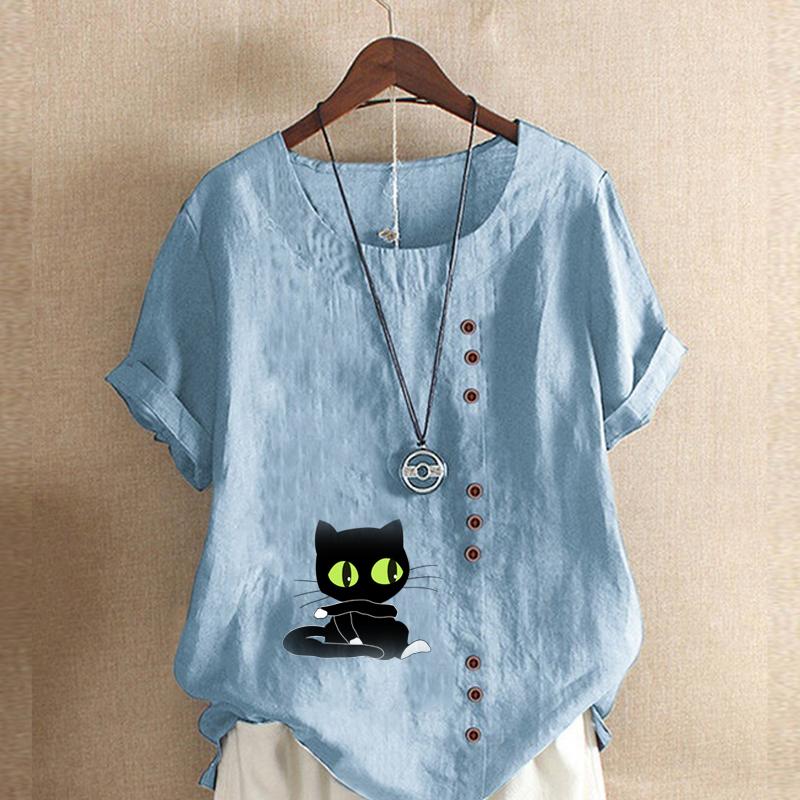 Women's Fashion Round Neck Short Sleeve T-shirt Casual Cotton Linen Graphic Shirt Leisure Loose Black Cat Prined Summer Blouse Tops