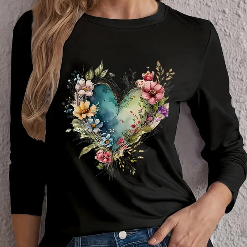 Топы для женщин с принтом в виде цветка и бабочки Love Shaped, с круглым вырезом и длинным рукавом, футболка на осень, облегающий женский топ с длинным рукавом
