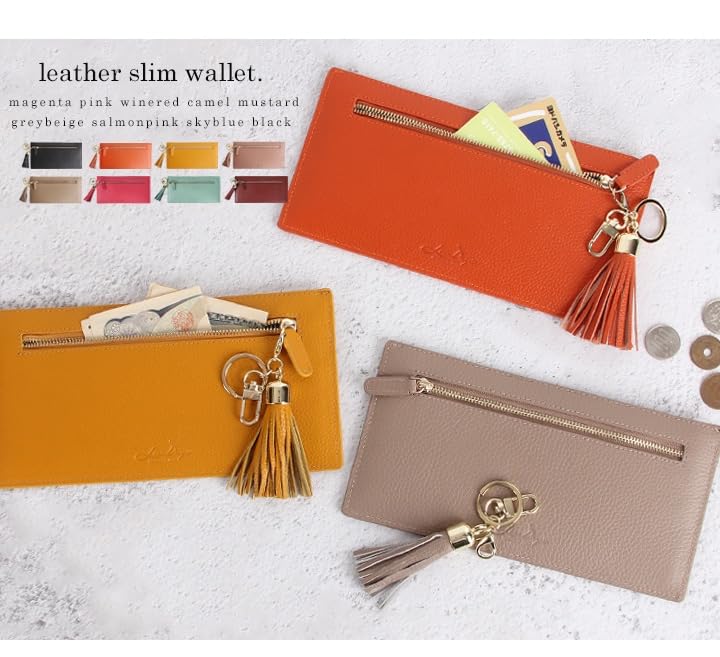 Lizdays Slim Genuine Leather Long Gray Size F Skimming-Resistant Wallet, Beige,