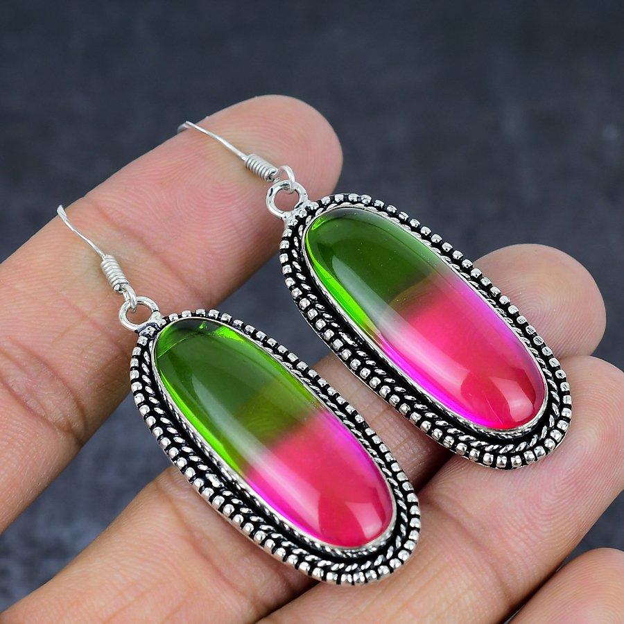 Двухцветный турмалин драгоценный камень 925 стерлинговое серебро ювелирное изделие серьга 2,44"