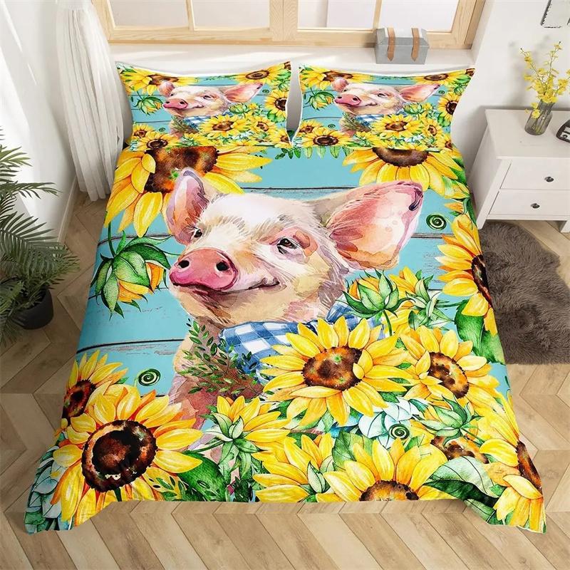 Premium Pink Pig Comforter Cover Cartoon Pig Pattern Bedding Kawaii Animal Sweetheart Floral Print Duvet Cover Children Boys Room Decor